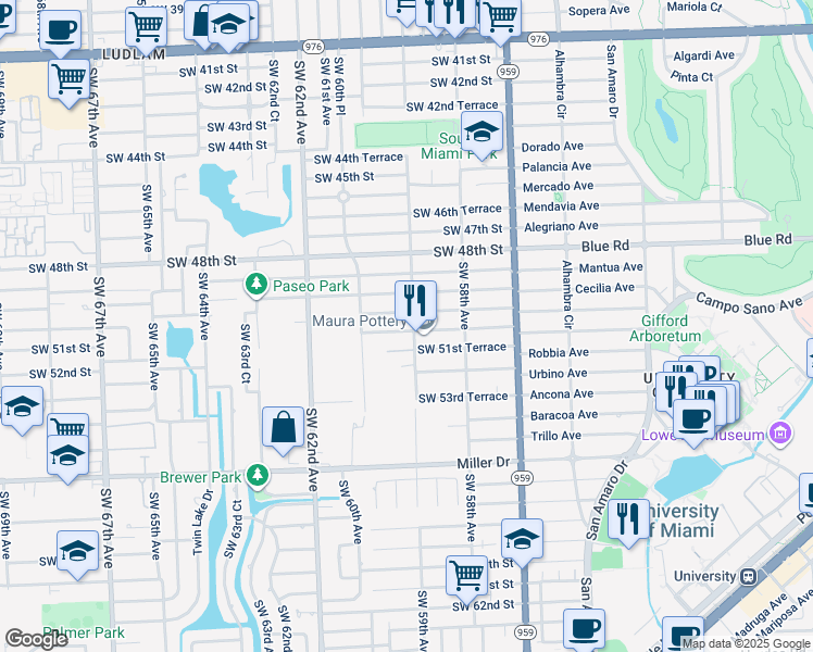 map of restaurants, bars, coffee shops, grocery stores, and more near 5901 Southwest 51st Street in Miami