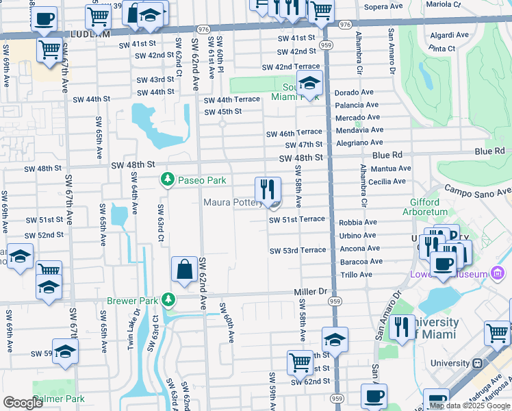 map of restaurants, bars, coffee shops, grocery stores, and more near 5901 Southwest 51st Street in Miami