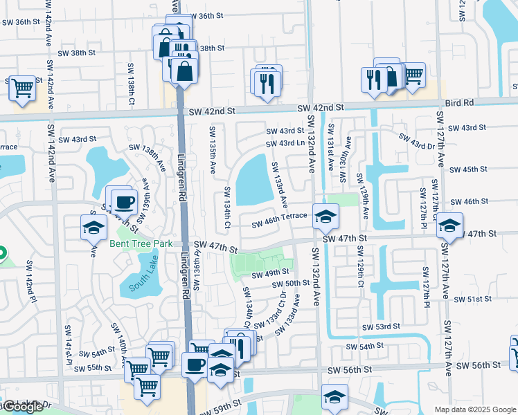 map of restaurants, bars, coffee shops, grocery stores, and more near 13340 Southwest 46th Street in Miami