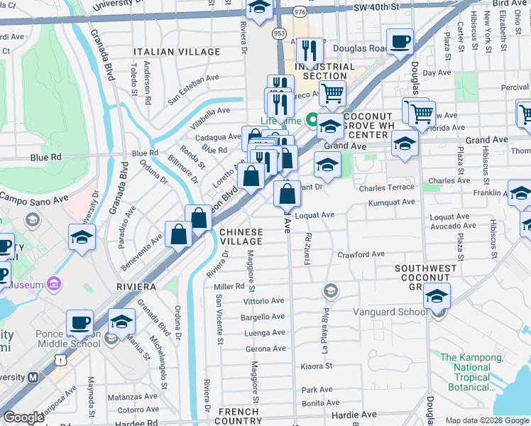 map of restaurants, bars, coffee shops, grocery stores, and more near 5001 Maggiore Street in Coral Gables