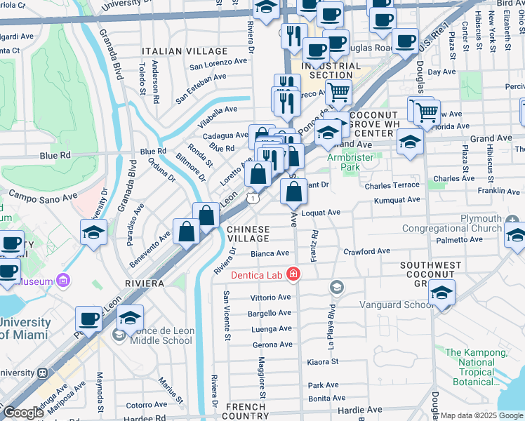 map of restaurants, bars, coffee shops, grocery stores, and more near 5001 Maggiore Street in Coral Gables