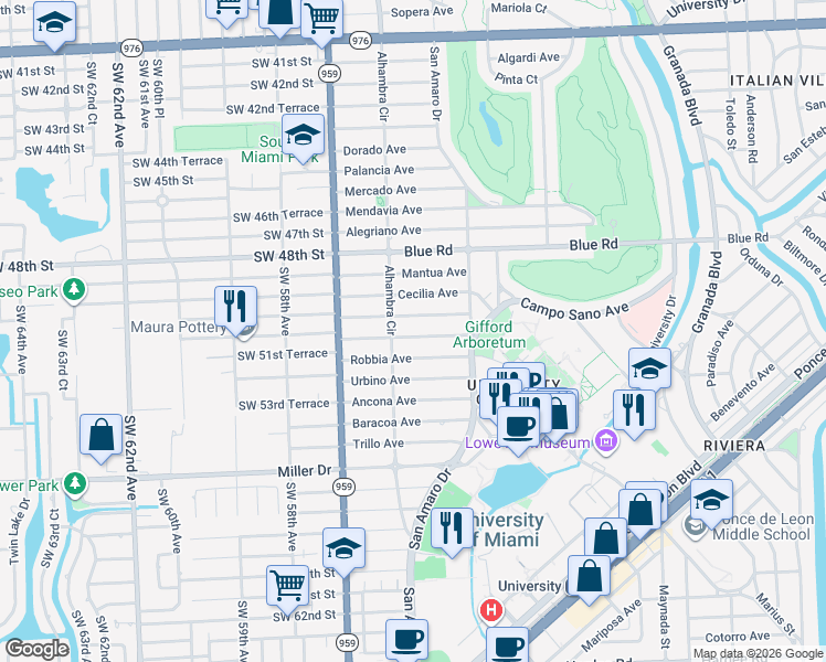 map of restaurants, bars, coffee shops, grocery stores, and more near 1450 Certosa Avenue in Coral Gables