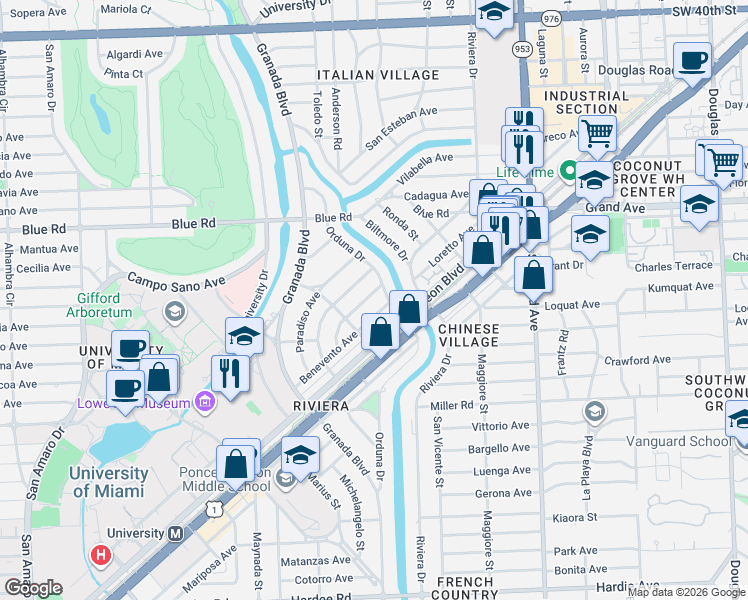 map of restaurants, bars, coffee shops, grocery stores, and more near 5126 Orduna Drive in Coral Gables