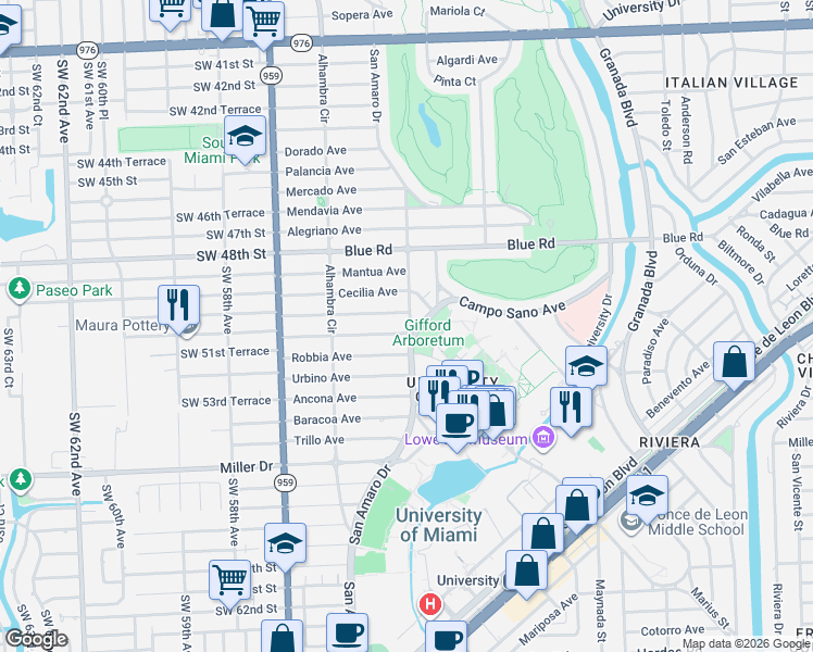 map of restaurants, bars, coffee shops, grocery stores, and more near 1414 Certosa Avenue in Coral Gables