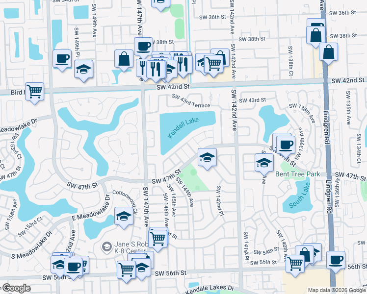 map of restaurants, bars, coffee shops, grocery stores, and more near 4533 Southwest 143rd Place East in Miami