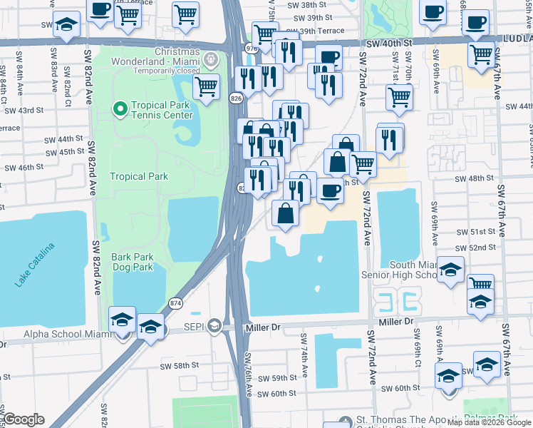 map of restaurants, bars, coffee shops, grocery stores, and more near 4919 Southwest 75th Avenue in Miami