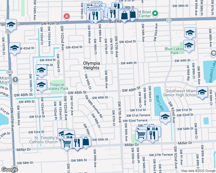 map of restaurants, bars, coffee shops, grocery stores, and more near 9821 Southwest 48th Street in Miami