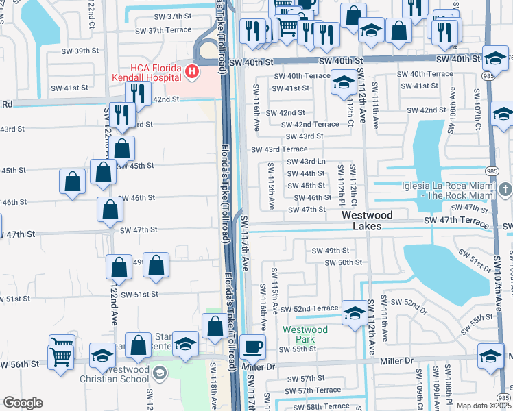 map of restaurants, bars, coffee shops, grocery stores, and more near 11530 Southwest 47th Street in Miami