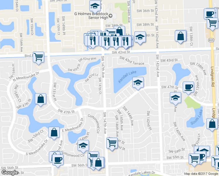 map of restaurants, bars, coffee shops, grocery stores, and more near SW 146th Ct in Miami