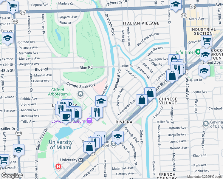map of restaurants, bars, coffee shops, grocery stores, and more near 5110 Granada Boulevard in Coral Gables
