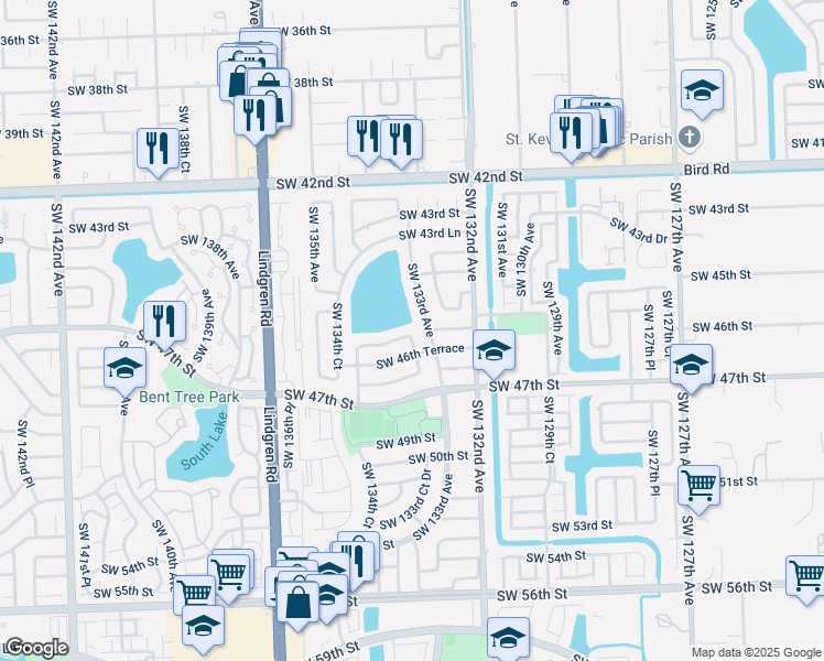 map of restaurants, bars, coffee shops, grocery stores, and more near 13340 Southwest 46th Street in Miami