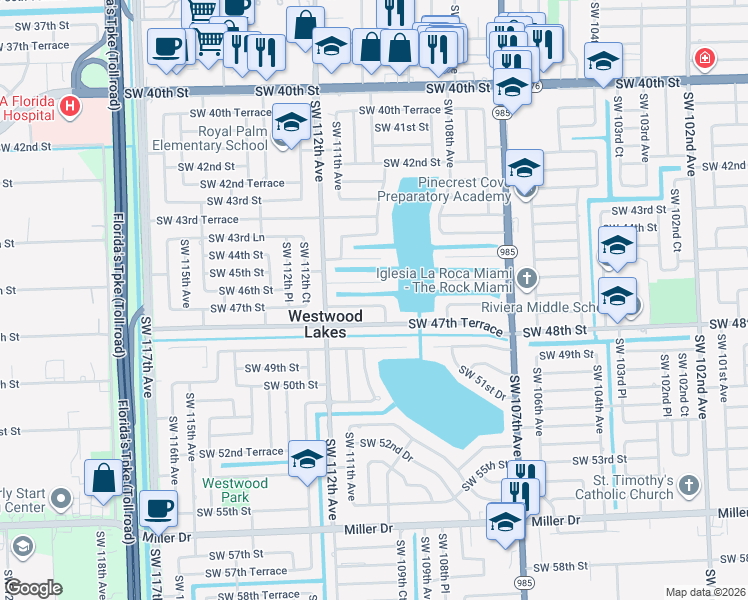 map of restaurants, bars, coffee shops, grocery stores, and more near 10970 Southwest 47th Street in Miami