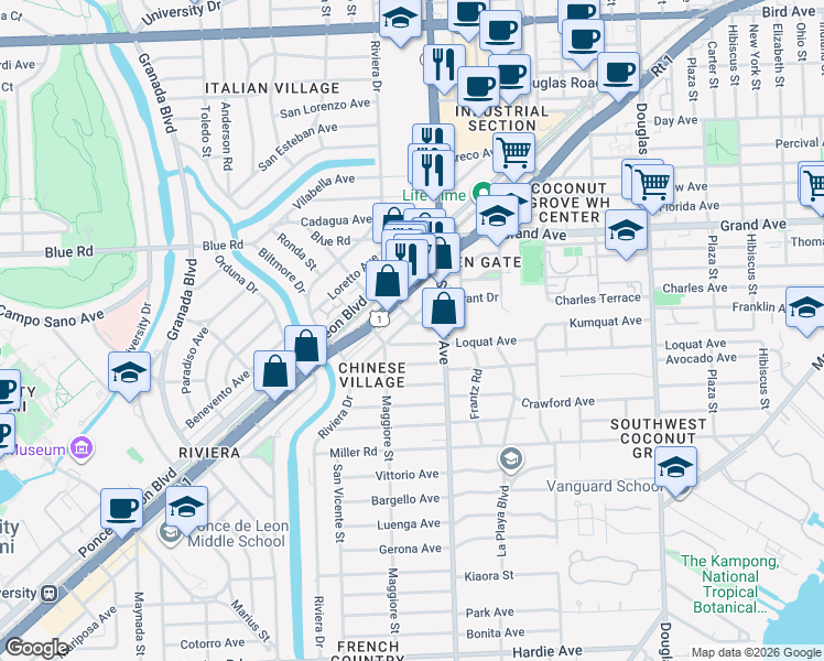 map of restaurants, bars, coffee shops, grocery stores, and more near 440 Rosaro Avenue in Miami