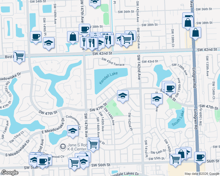map of restaurants, bars, coffee shops, grocery stores, and more near 4533 Southwest 143rd Place East in Miami