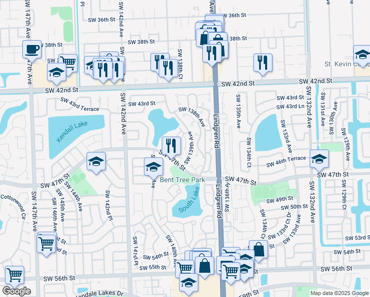 map of restaurants, bars, coffee shops, grocery stores, and more near 13841 Southwest 45th Terrace in Miami