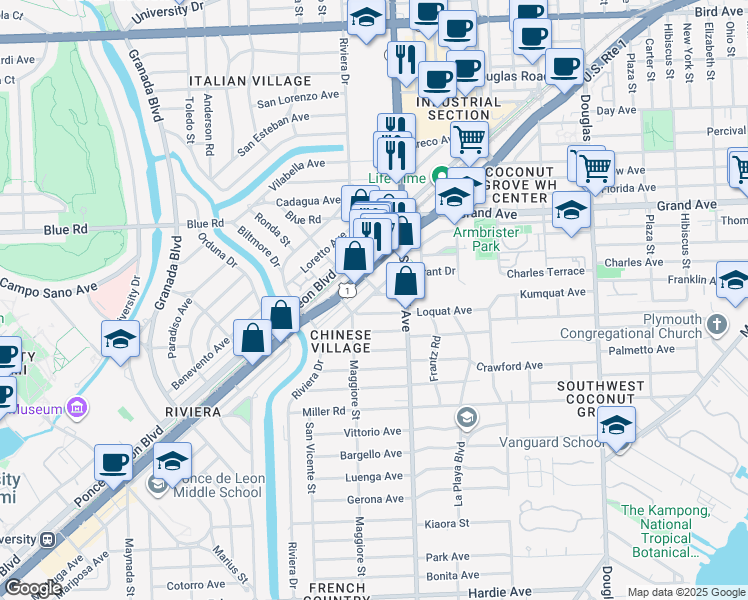 map of restaurants, bars, coffee shops, grocery stores, and more near 5001 Maggiore Street in Coral Gables