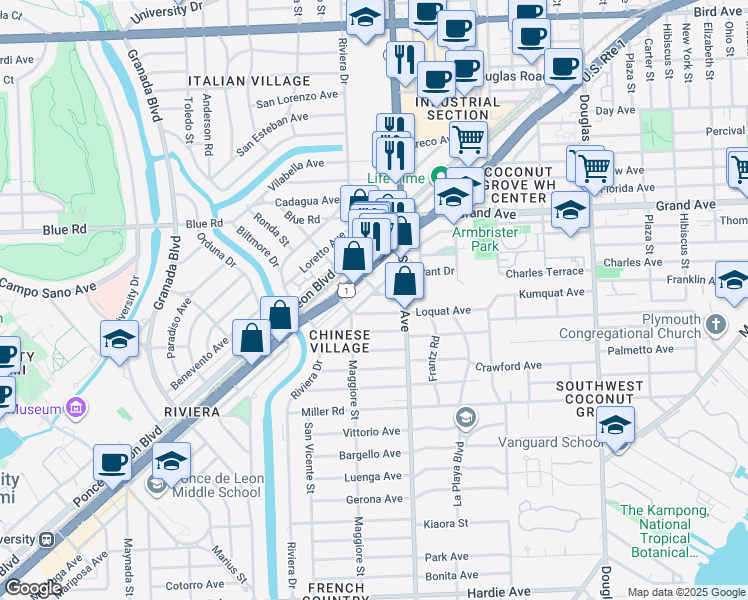 map of restaurants, bars, coffee shops, grocery stores, and more near 5001 Maggiore Street in Coral Gables