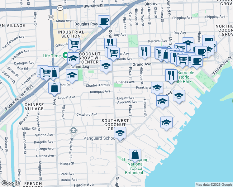 map of restaurants, bars, coffee shops, grocery stores, and more near 3686 Loquat Avenue in Miami