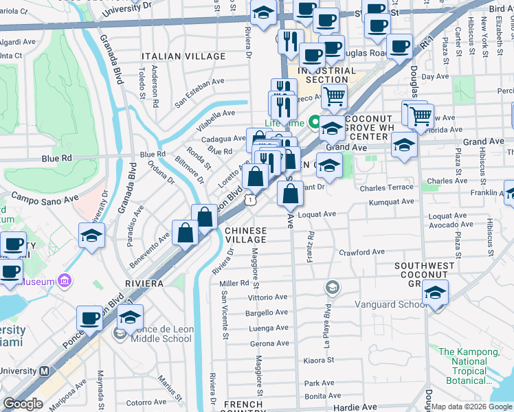 map of restaurants, bars, coffee shops, grocery stores, and more near 5001 Maggiore Street in Coral Gables