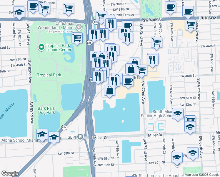map of restaurants, bars, coffee shops, grocery stores, and more near 4919 Southwest 75th Avenue in Miami