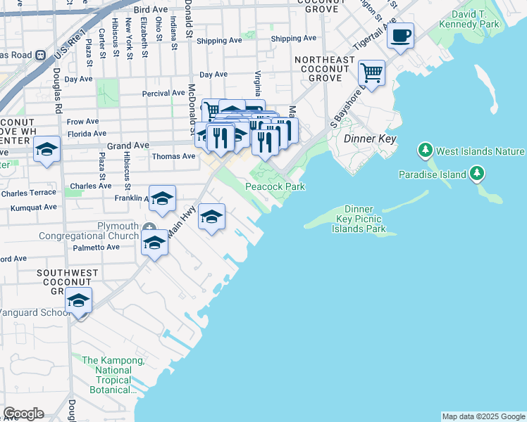 map of restaurants, bars, coffee shops, grocery stores, and more near 3485 Main Highway in Miami