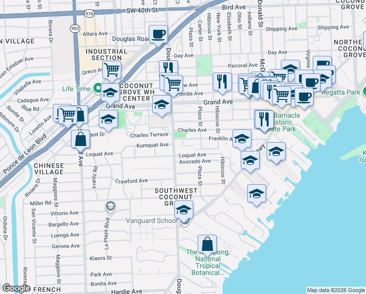 map of restaurants, bars, coffee shops, grocery stores, and more near 3686 Loquat Avenue in Miami