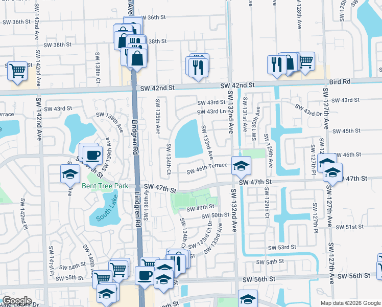 map of restaurants, bars, coffee shops, grocery stores, and more near 13340 Southwest 46th Street in Miami
