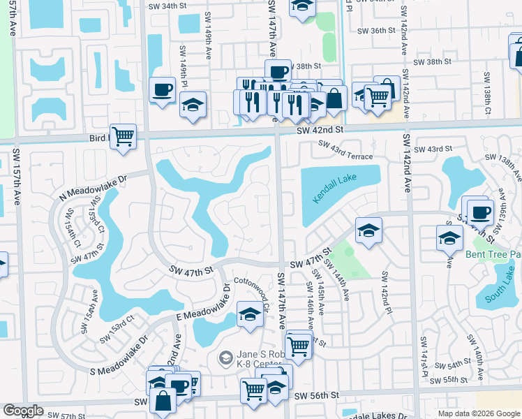 map of restaurants, bars, coffee shops, grocery stores, and more near 2302 Southwest 43rd Terrace in Miami