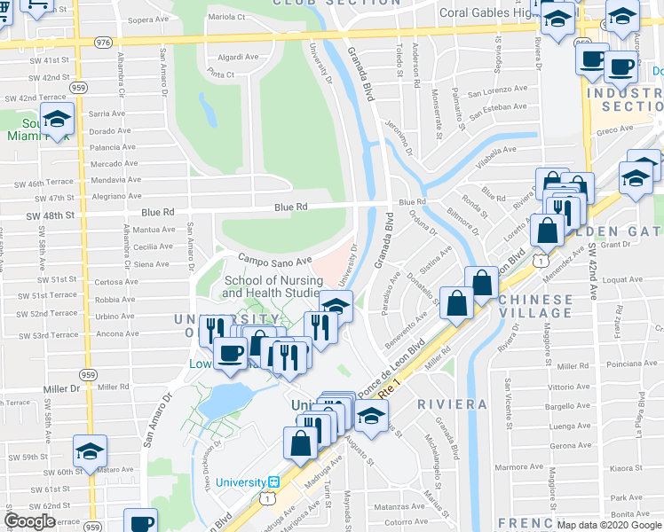 map of restaurants, bars, coffee shops, grocery stores, and more near 5000 University Drive in Coral Gables