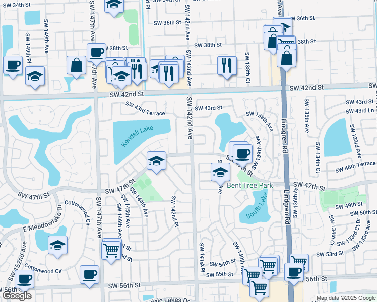 map of restaurants, bars, coffee shops, grocery stores, and more near 14231 Southwest 46th Terrace in Miami