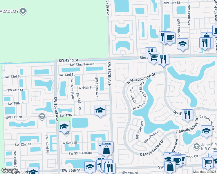 map of restaurants, bars, coffee shops, grocery stores, and more near 15719 Southwest 43rd Lane in Miami