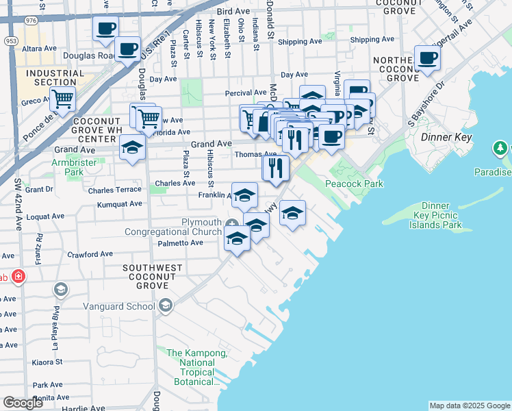 map of restaurants, bars, coffee shops, grocery stores, and more near 3337 Franklin Avenue in Miami