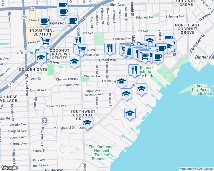 map of restaurants, bars, coffee shops, grocery stores, and more near 3529 Franklin Avenue in Miami