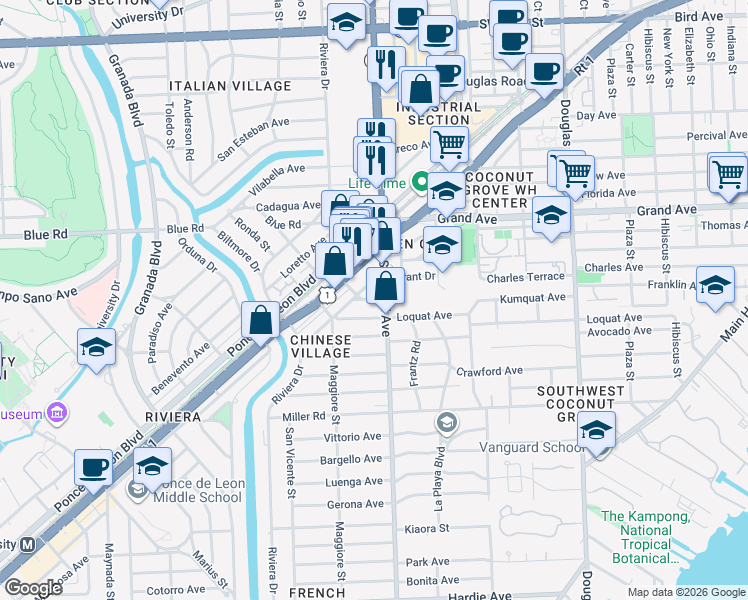 map of restaurants, bars, coffee shops, grocery stores, and more near 4950 South Le Jeune Road in Coral Gables