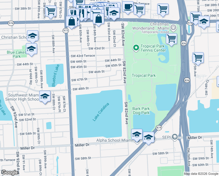 map of restaurants, bars, coffee shops, grocery stores, and more near 4730 Southwest 83rd Avenue in Miami