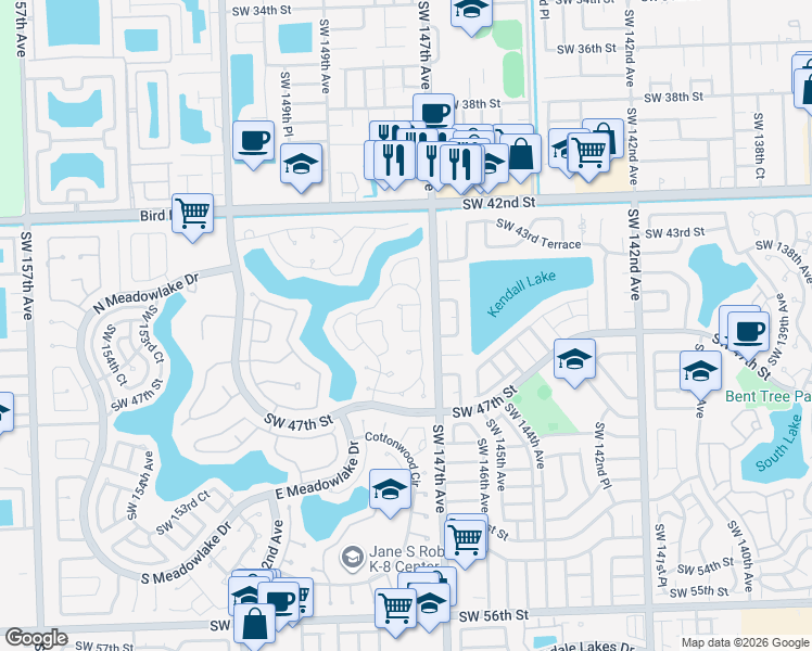map of restaurants, bars, coffee shops, grocery stores, and more near 2302 Southwest 43rd Terrace in Miami