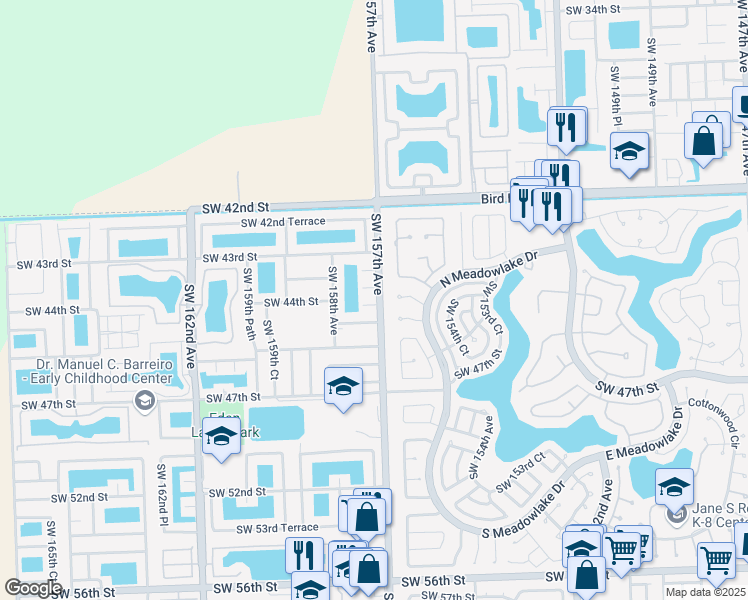 map of restaurants, bars, coffee shops, grocery stores, and more near 15719 Southwest 43rd Lane in Miami