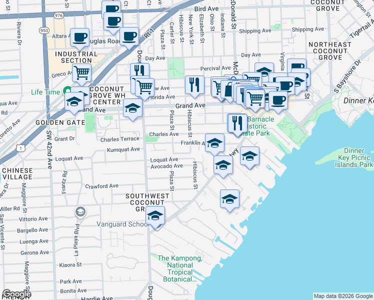 map of restaurants, bars, coffee shops, grocery stores, and more near 3529 Franklin Avenue in Miami