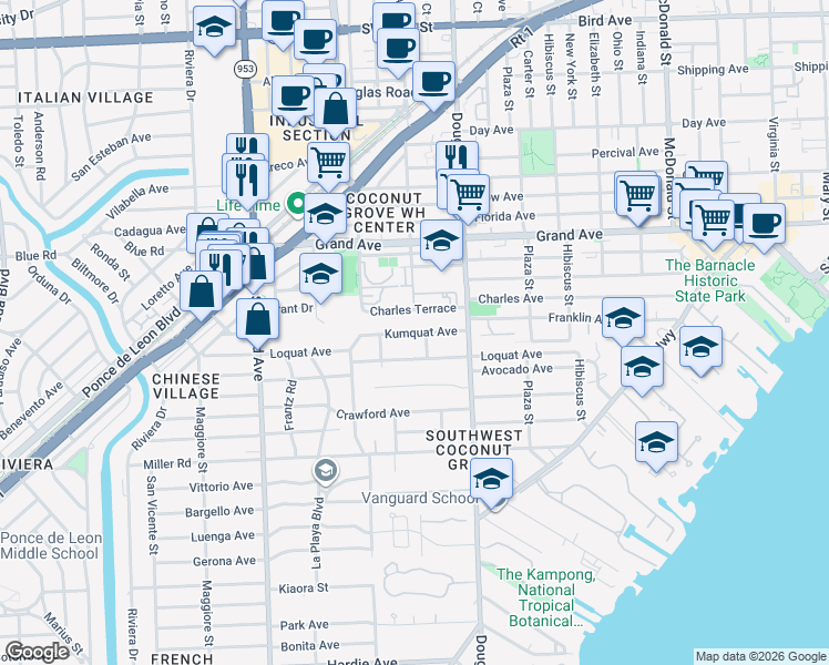 map of restaurants, bars, coffee shops, grocery stores, and more near Kumquat Avenue in Miami
