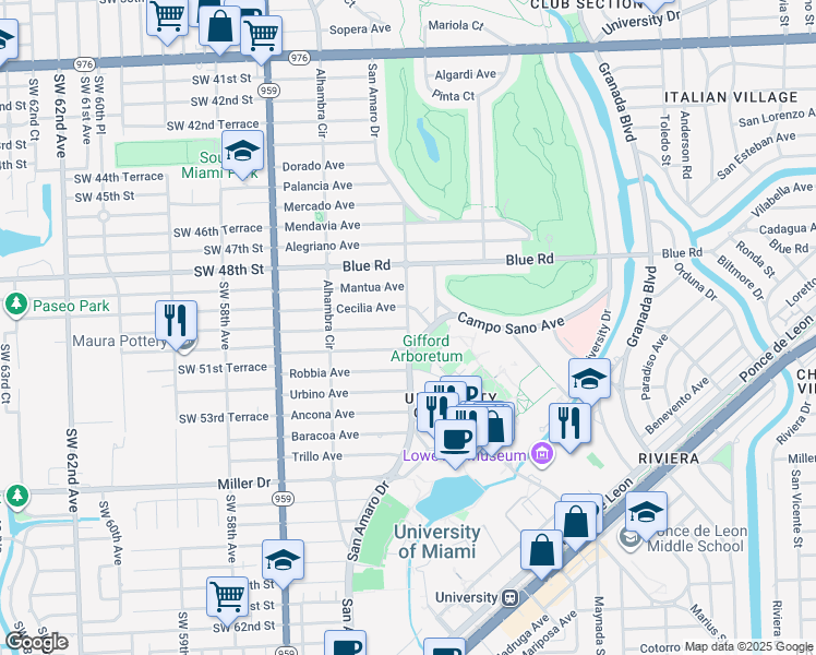 map of restaurants, bars, coffee shops, grocery stores, and more near 4949 San Amaro Drive in Coral Gables