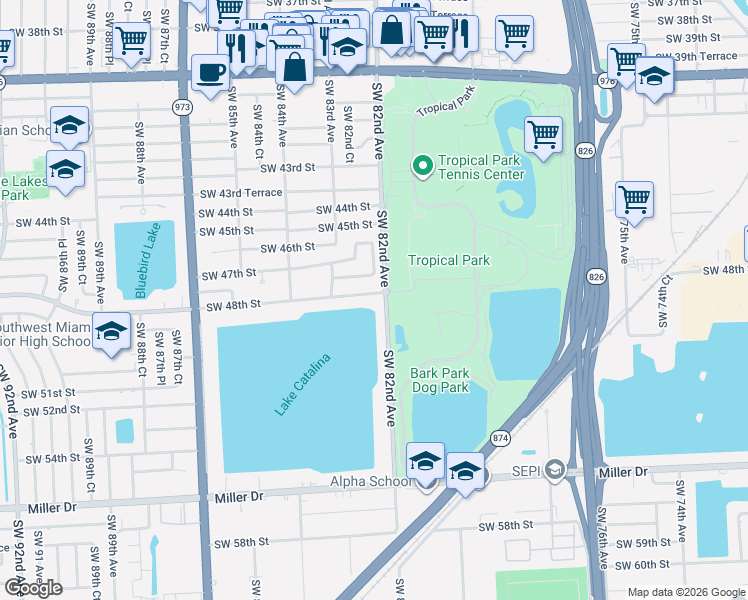 map of restaurants, bars, coffee shops, grocery stores, and more near 8240 Southwest 47th Terrace in Miami