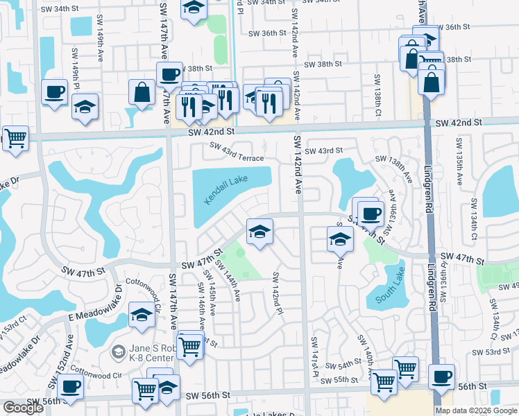 map of restaurants, bars, coffee shops, grocery stores, and more near 4545 Southwest 143rd Avenue in Miami
