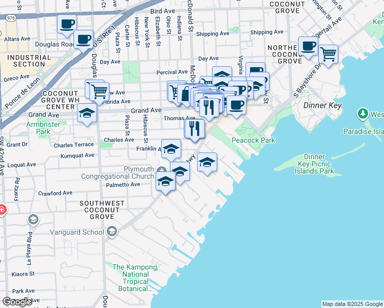 map of restaurants, bars, coffee shops, grocery stores, and more near 3540 Main Highway in Miami