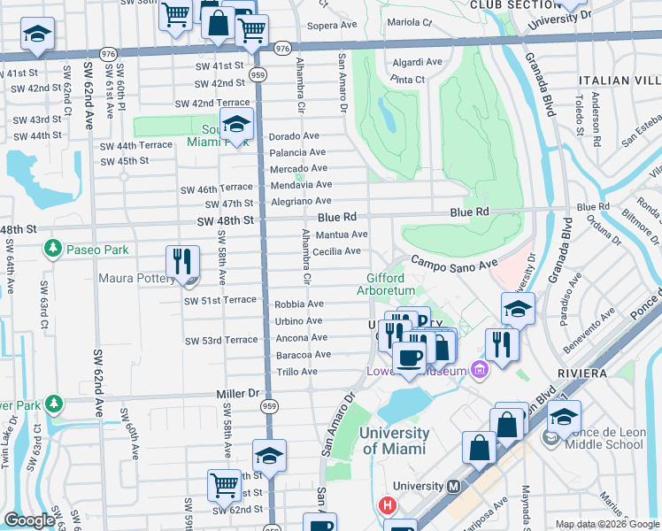 map of restaurants, bars, coffee shops, grocery stores, and more near 1444 Cecilia Avenue in Coral Gables