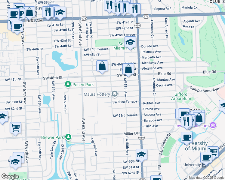 map of restaurants, bars, coffee shops, grocery stores, and more near 5901 Southwest 50th Street in Miami