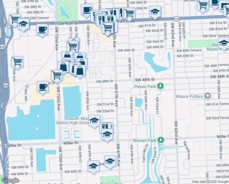 map of restaurants, bars, coffee shops, grocery stores, and more near 4901 Ludlam Road in Miami