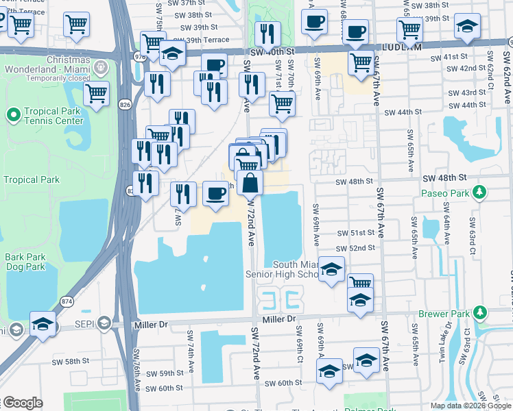 map of restaurants, bars, coffee shops, grocery stores, and more near 4863 Southwest 71st Place in Miami
