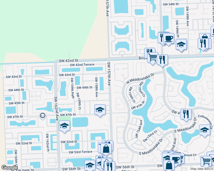 map of restaurants, bars, coffee shops, grocery stores, and more near 15719 Southwest 43rd Lane in Miami