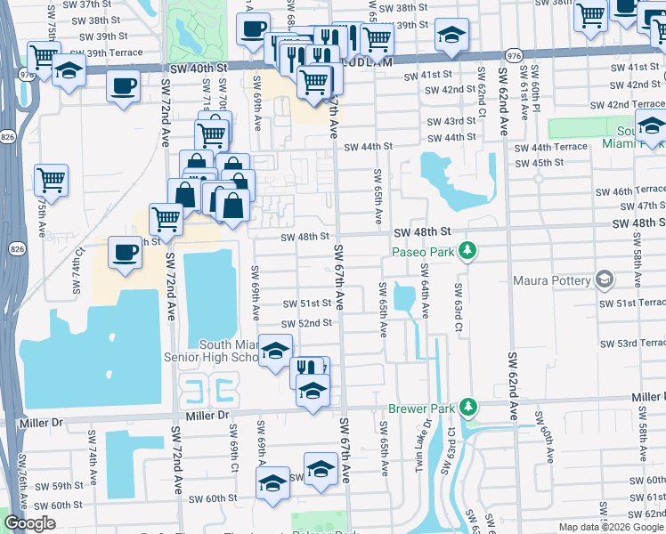 map of restaurants, bars, coffee shops, grocery stores, and more near 4901 Ludlam Road in Miami