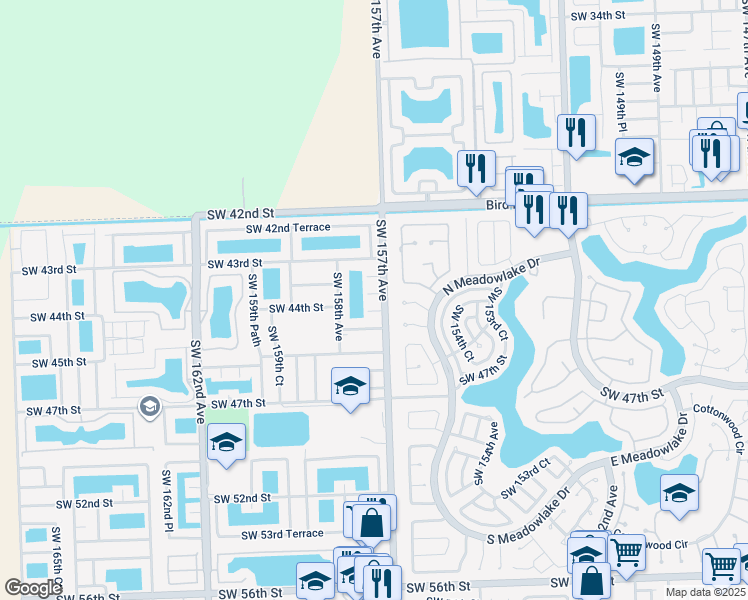 map of restaurants, bars, coffee shops, grocery stores, and more near 15719 Southwest 43rd Lane in Miami